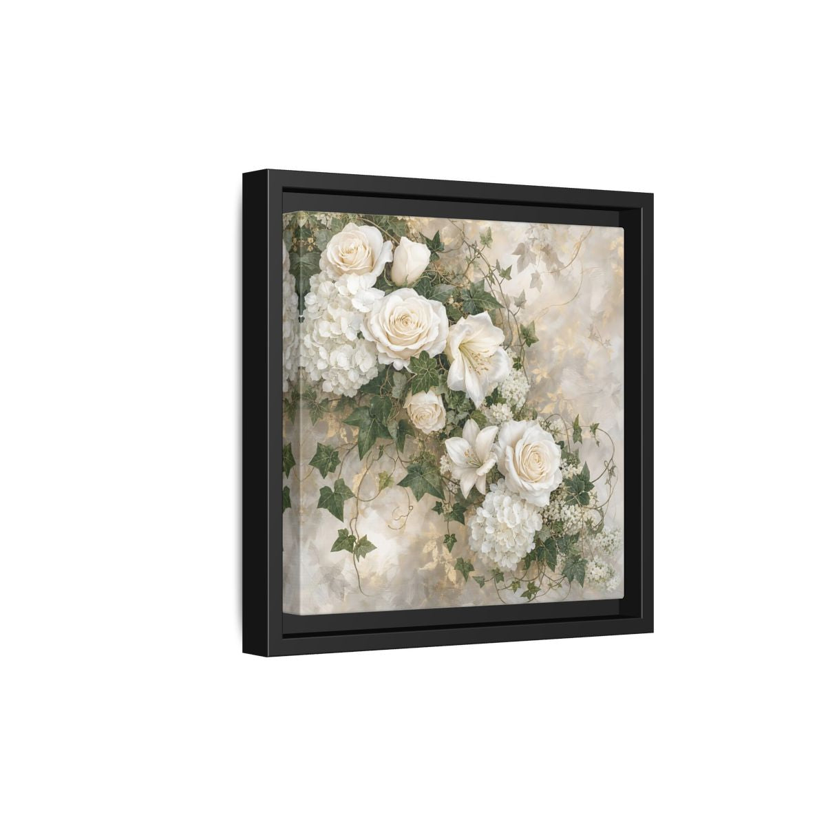 Side Mockup 21. Floral White Flowers White And Gold shown as stretched canvas wall art