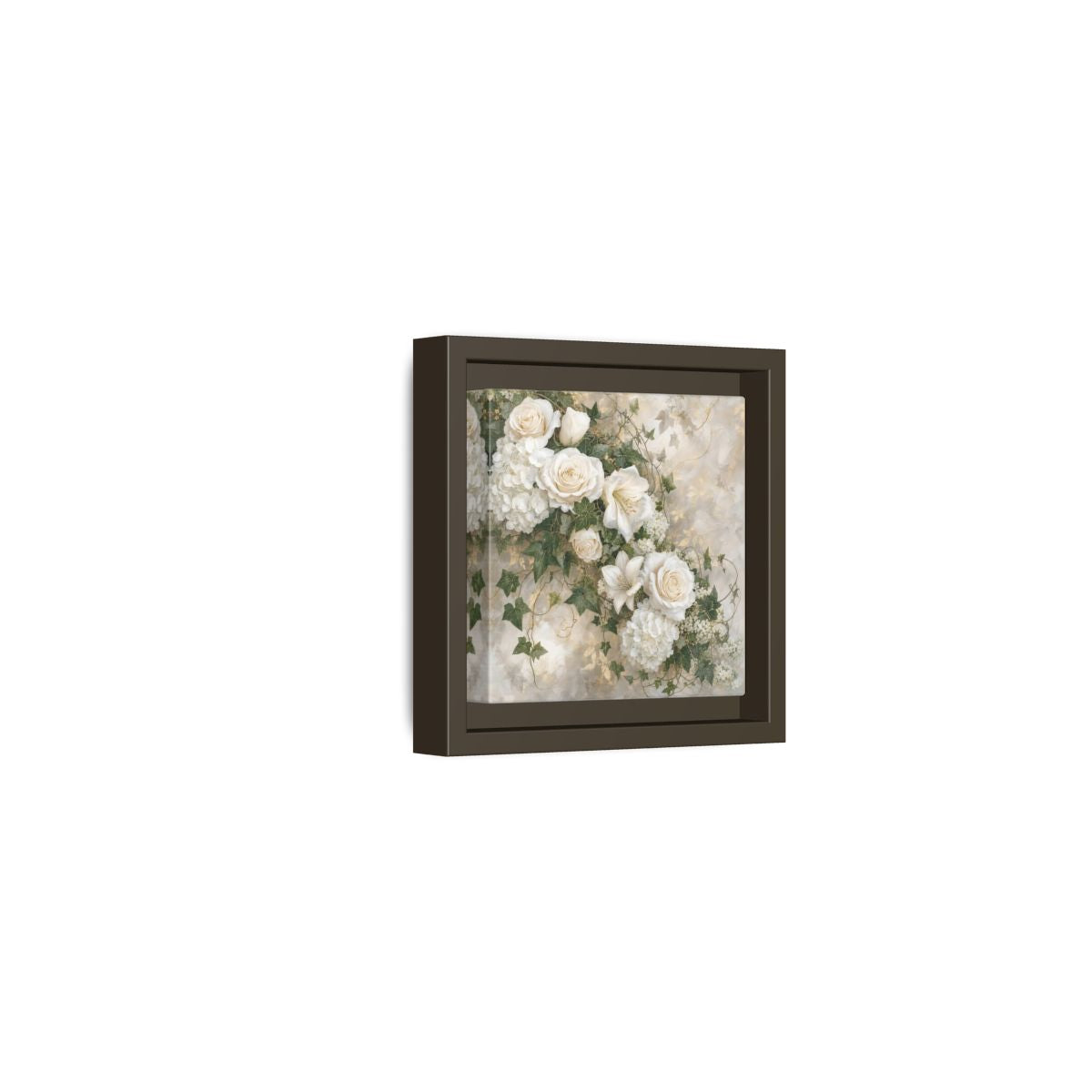 Side Mockup 23. Floral White Flowers White And Gold shown as stretched canvas wall art