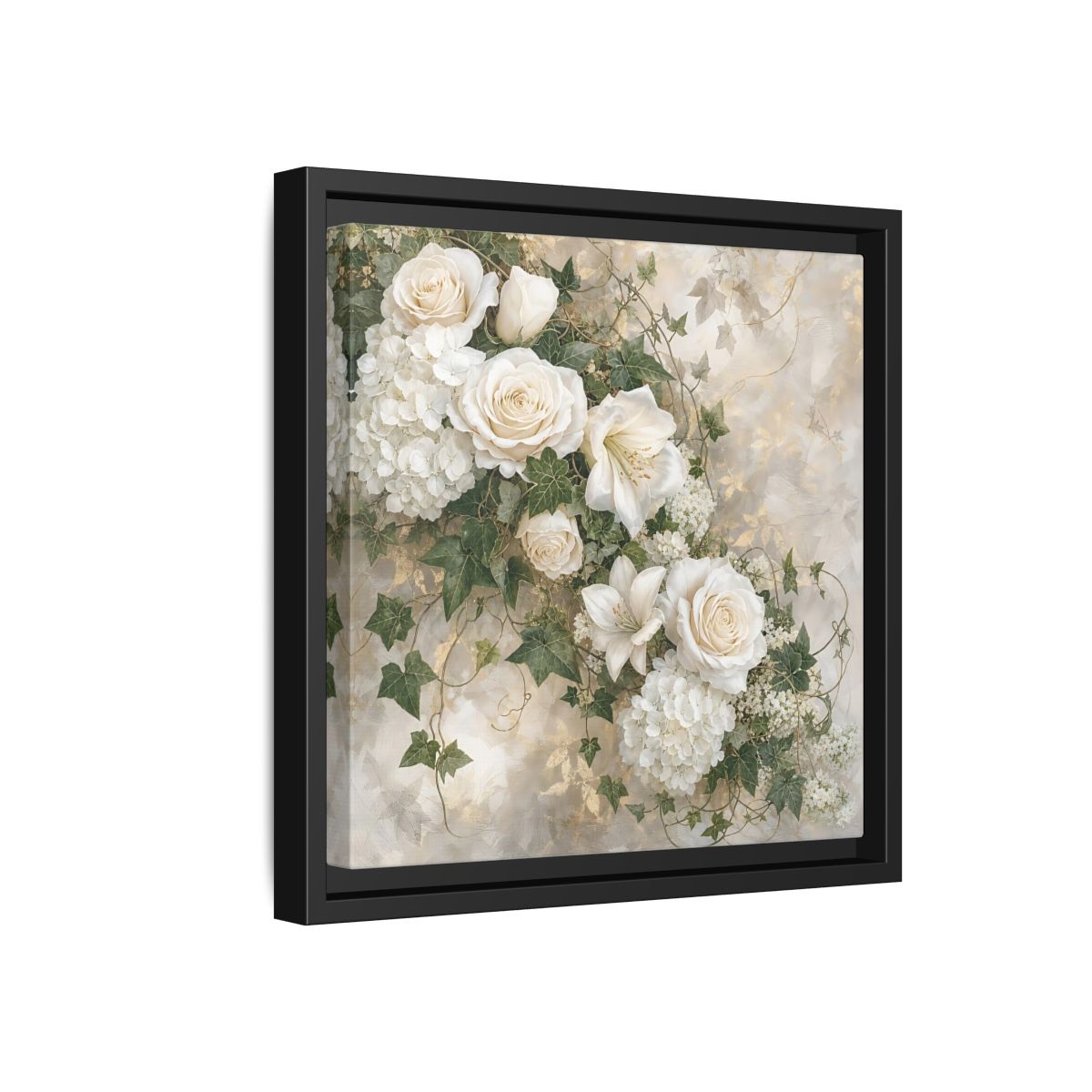 Side Mockup 18. Floral White Flowers White And Gold shown as stretched canvas wall art