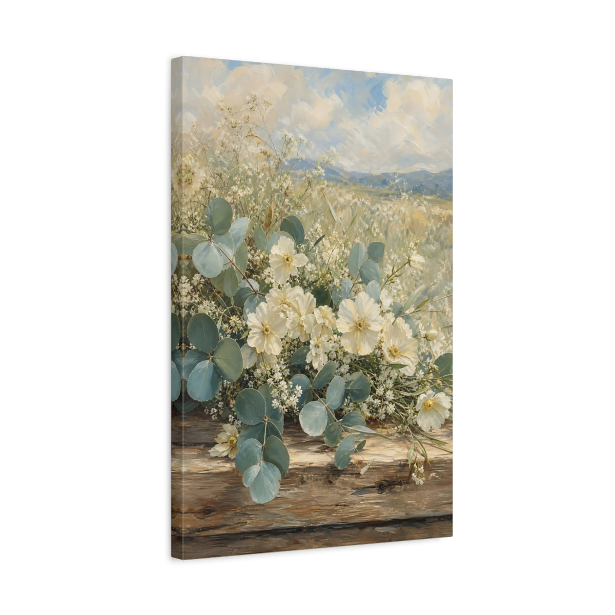 Side Mockup 3. Floral White Flowers White And Green shown as stretched canvas wall art