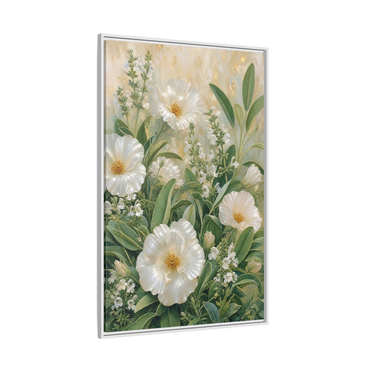 Side Mockup 7. Floral White Flowers White And Green shown as stretched canvas wall art