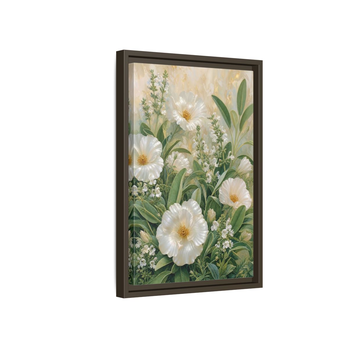 Side Mockup 5. Floral White Flowers White And Green shown as stretched canvas wall art