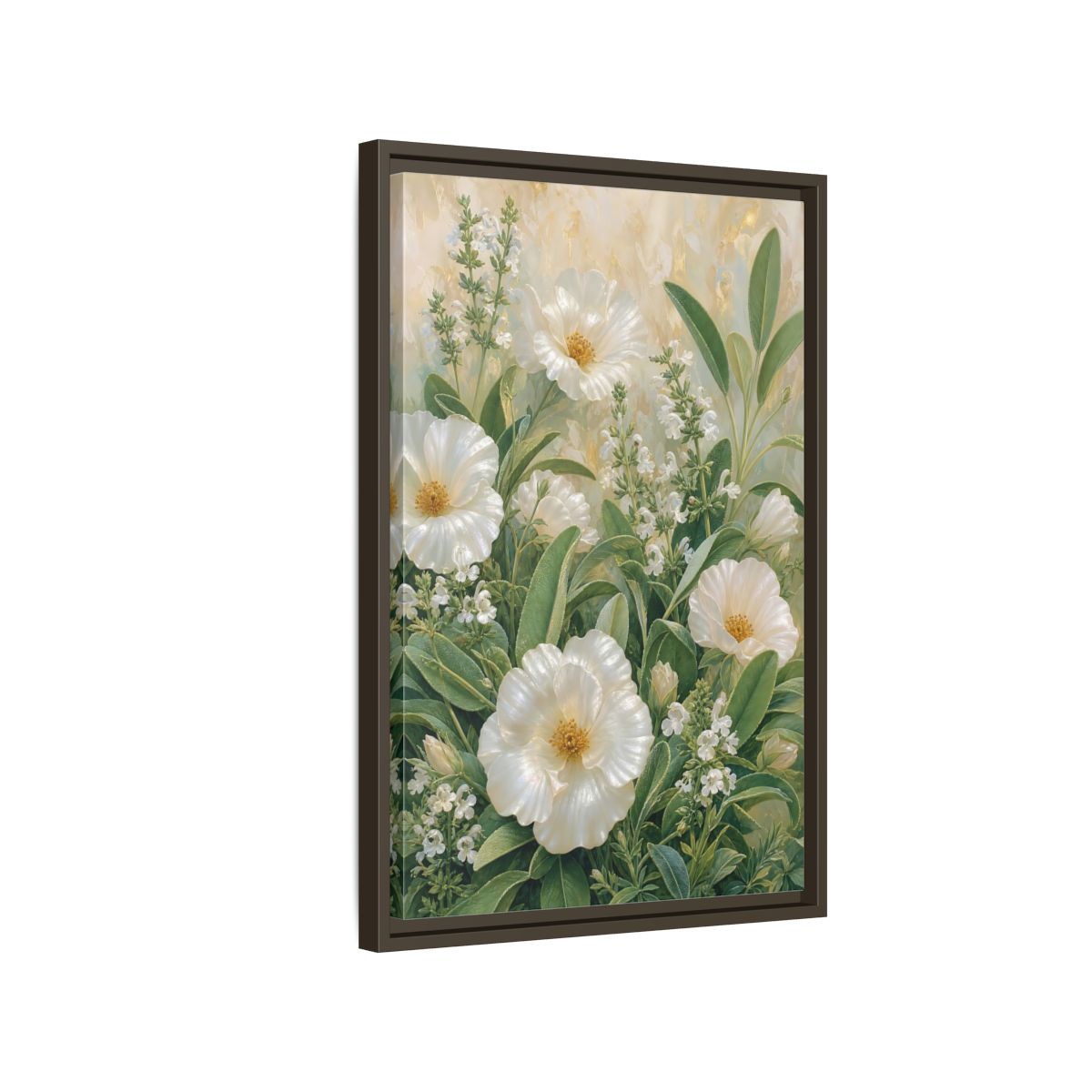 Side Mockup 2. Floral White Flowers White And Green shown as stretched canvas wall art