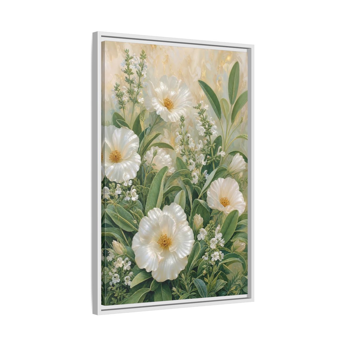 Side Mockup 10. Floral White Flowers White And Green shown as stretched canvas wall art