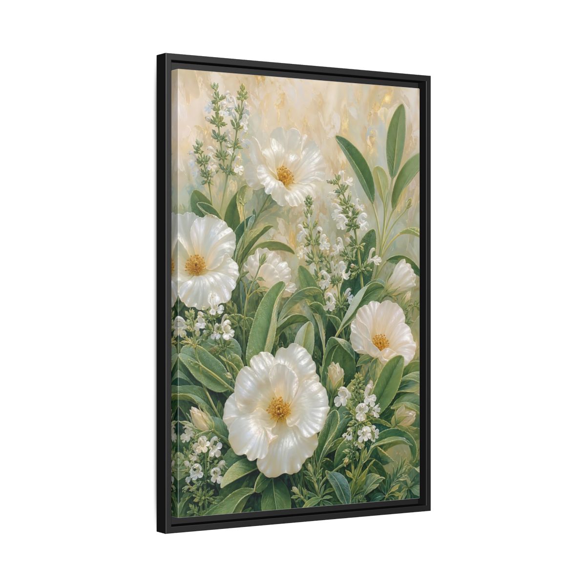 Side Mockup 14. Floral White Flowers White And Green shown as stretched canvas wall art