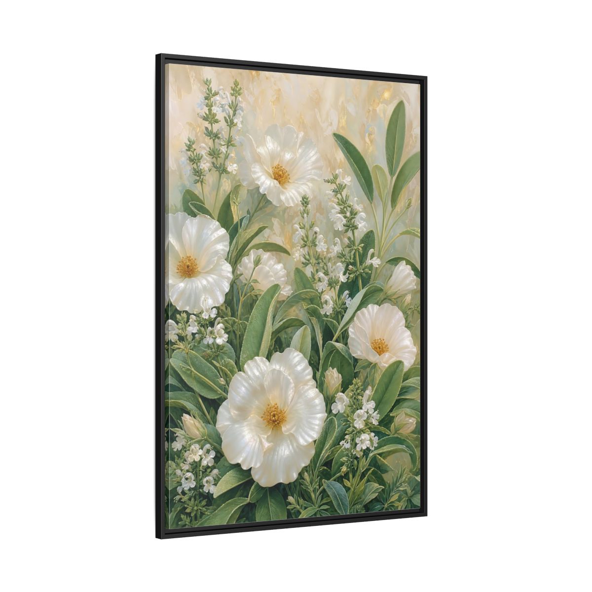 Side Mockup 12. Floral White Flowers White And Green shown as stretched canvas wall art