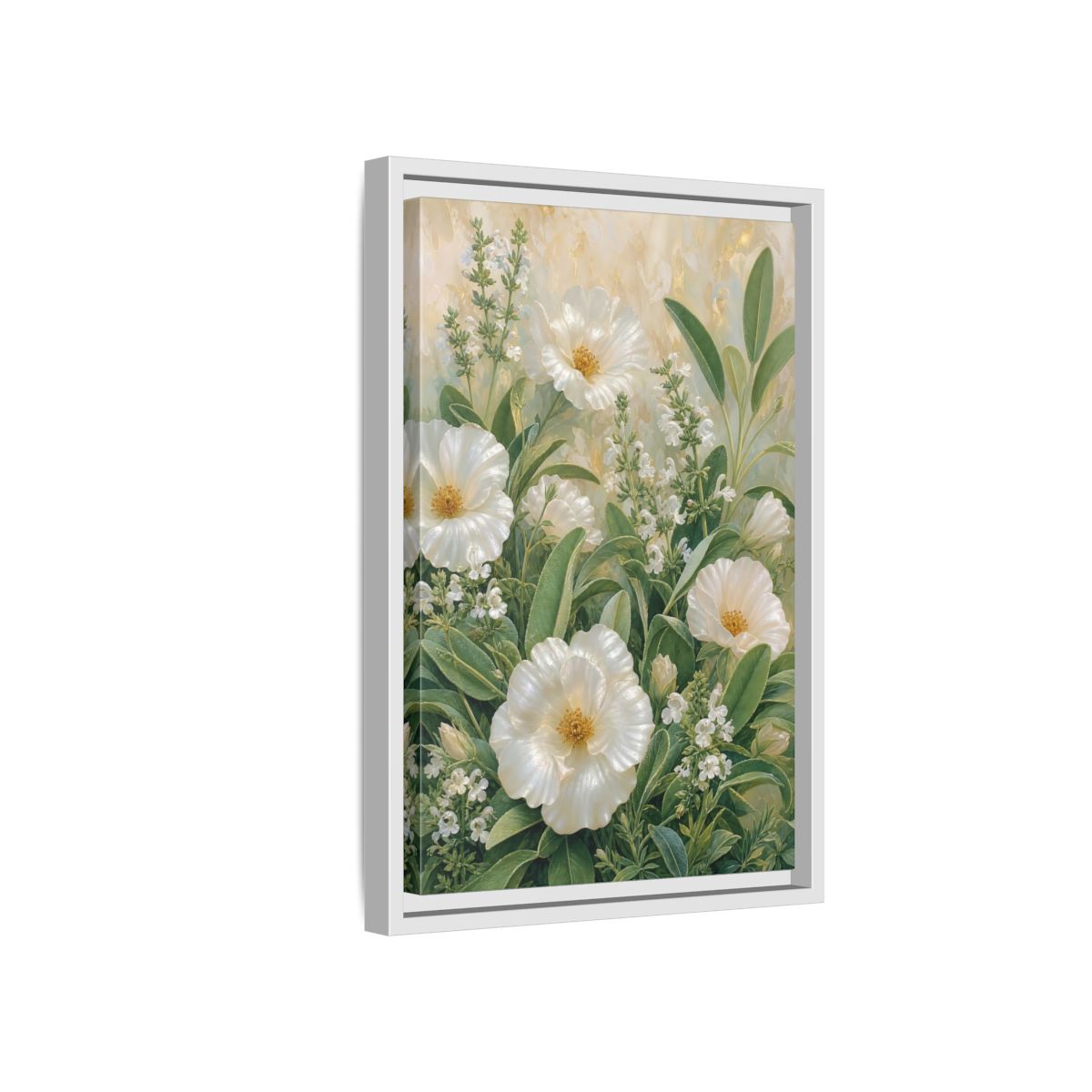 Side Mockup 4. Floral White Flowers White And Green shown as stretched canvas wall art