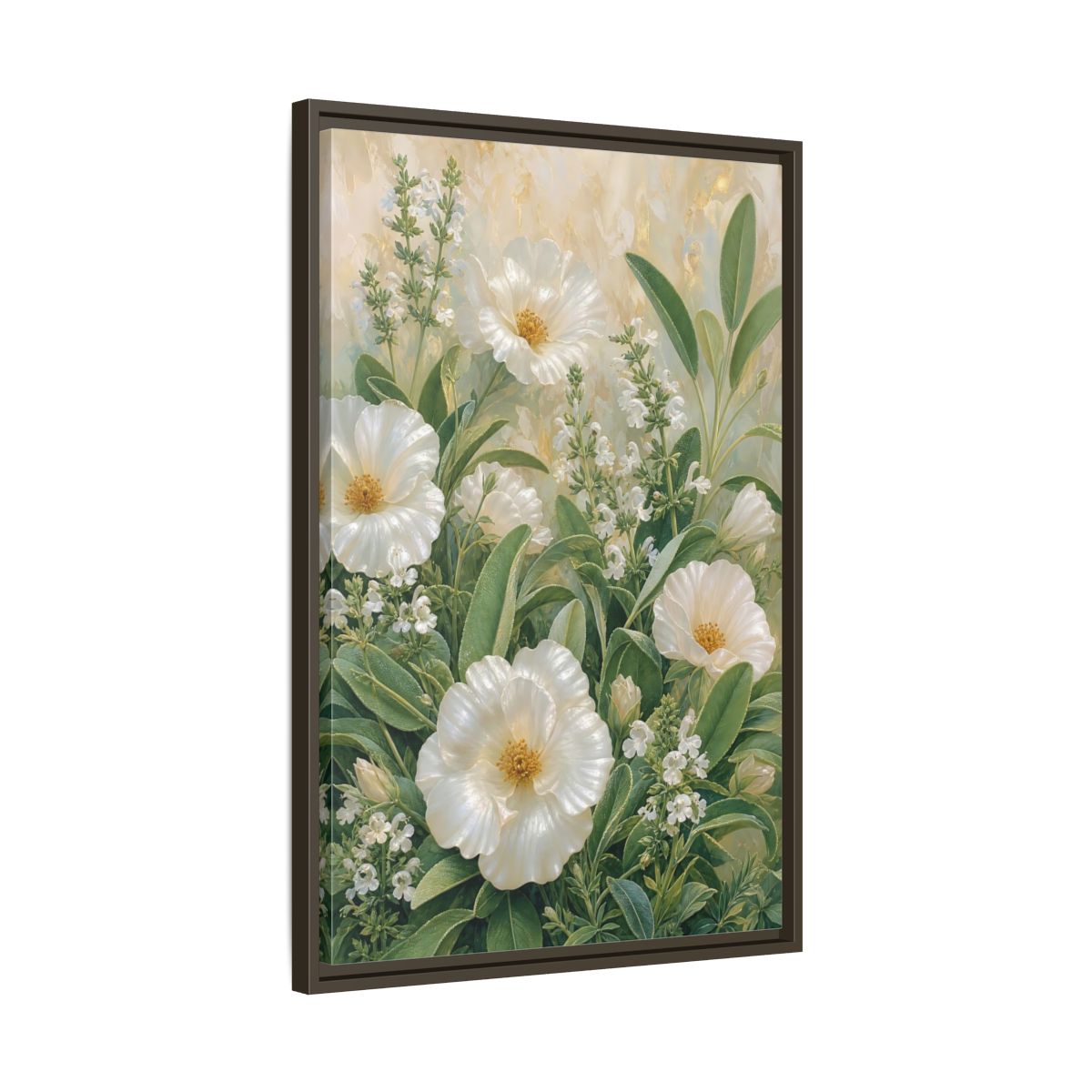 Side Mockup 11. Floral White Flowers White And Green shown as stretched canvas wall art