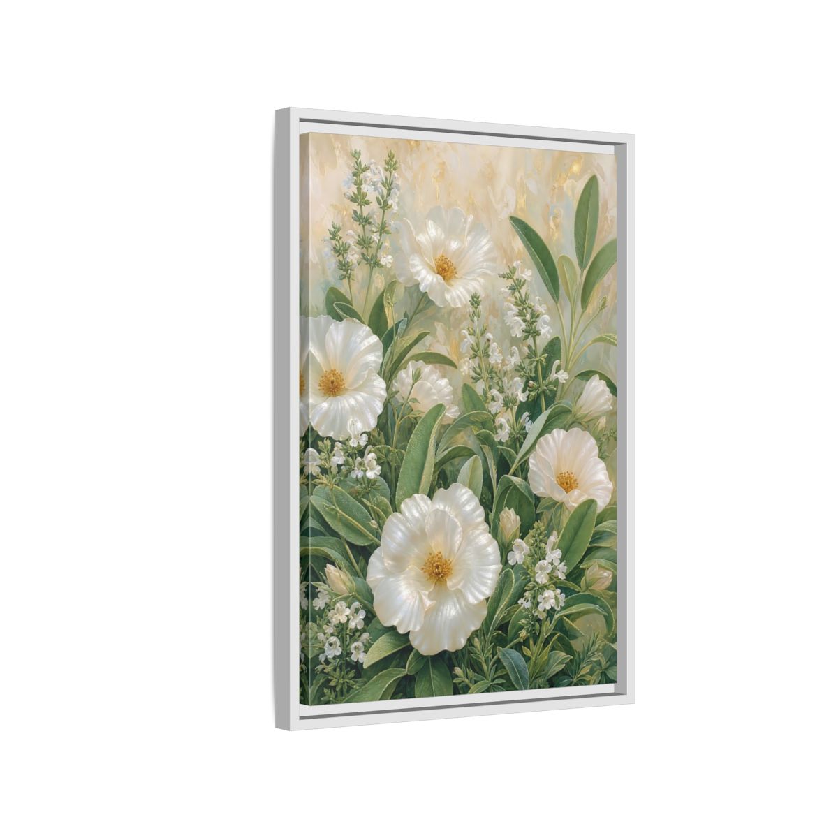 Side Mockup 1. Floral White Flowers White And Green shown as stretched canvas wall art
