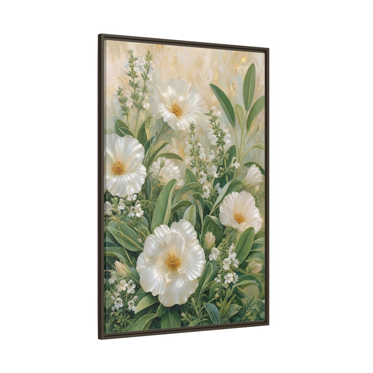 Side Mockup 8. Floral White Flowers White And Green shown as stretched canvas wall art