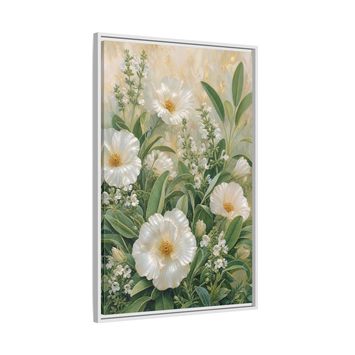 Side Mockup 9. Floral White Flowers White And Green shown as stretched canvas wall art