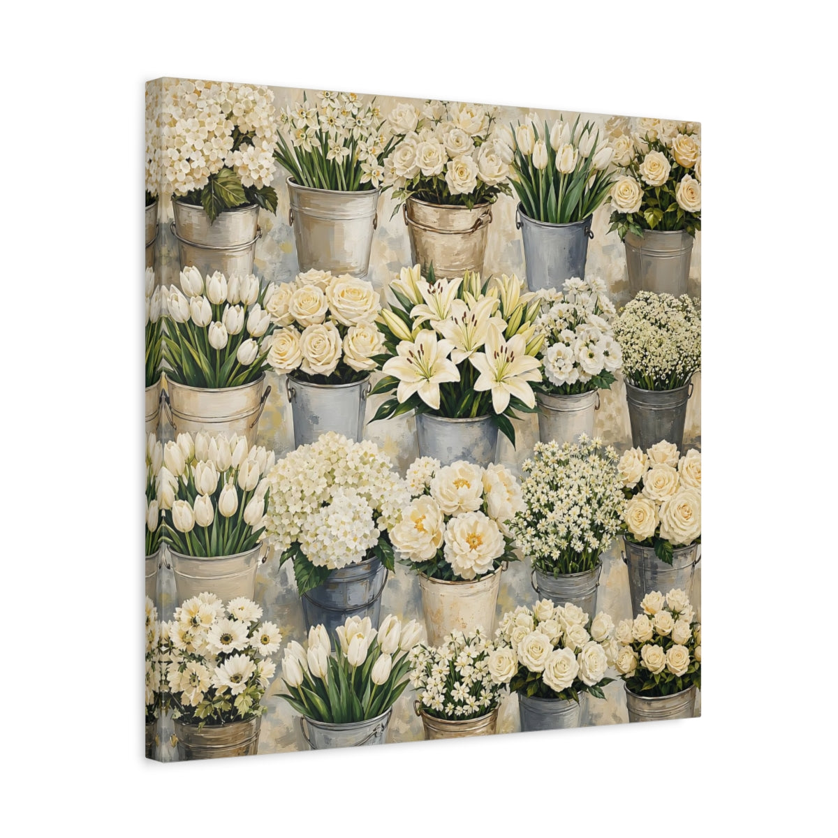 Side Mockup 5. Floral White Flowers White Flowers shown as stretched canvas wall art
