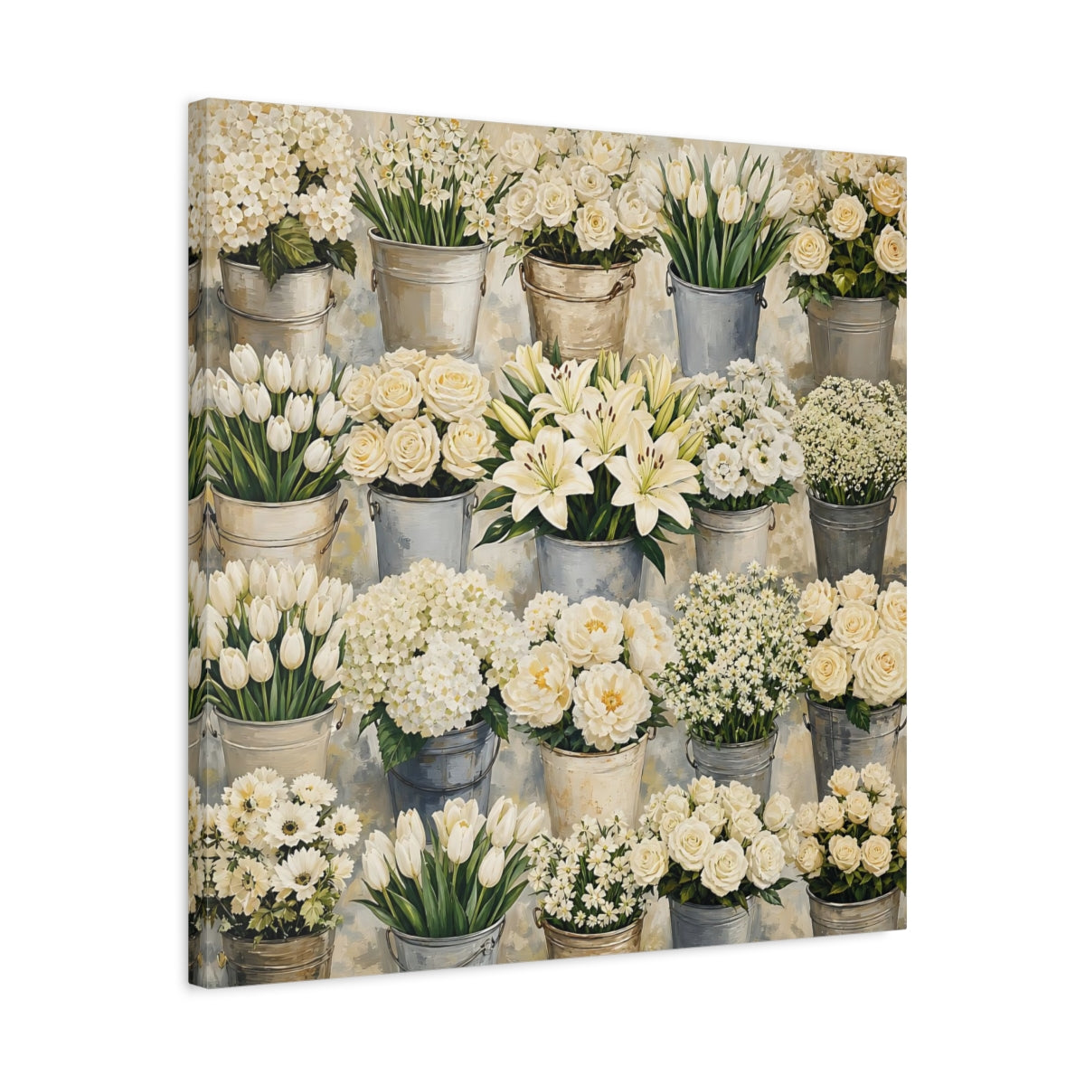 Side Mockup 4. Floral White Flowers White Flowers shown as stretched canvas wall art