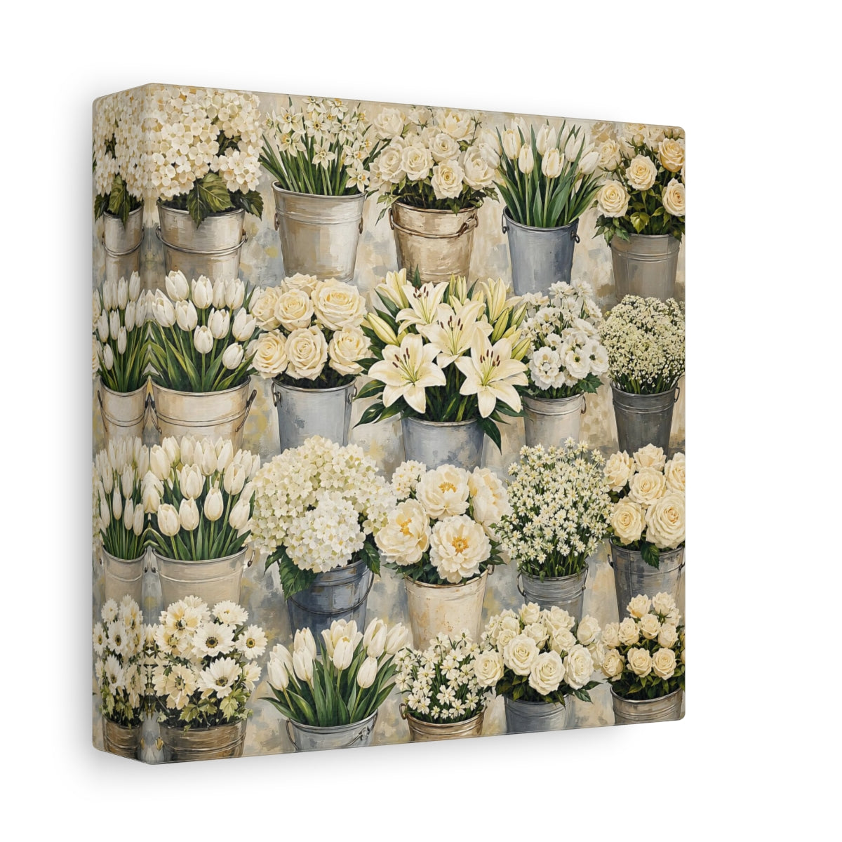 Side Mockup 2. Floral White Flowers White Flowers shown as stretched canvas wall art