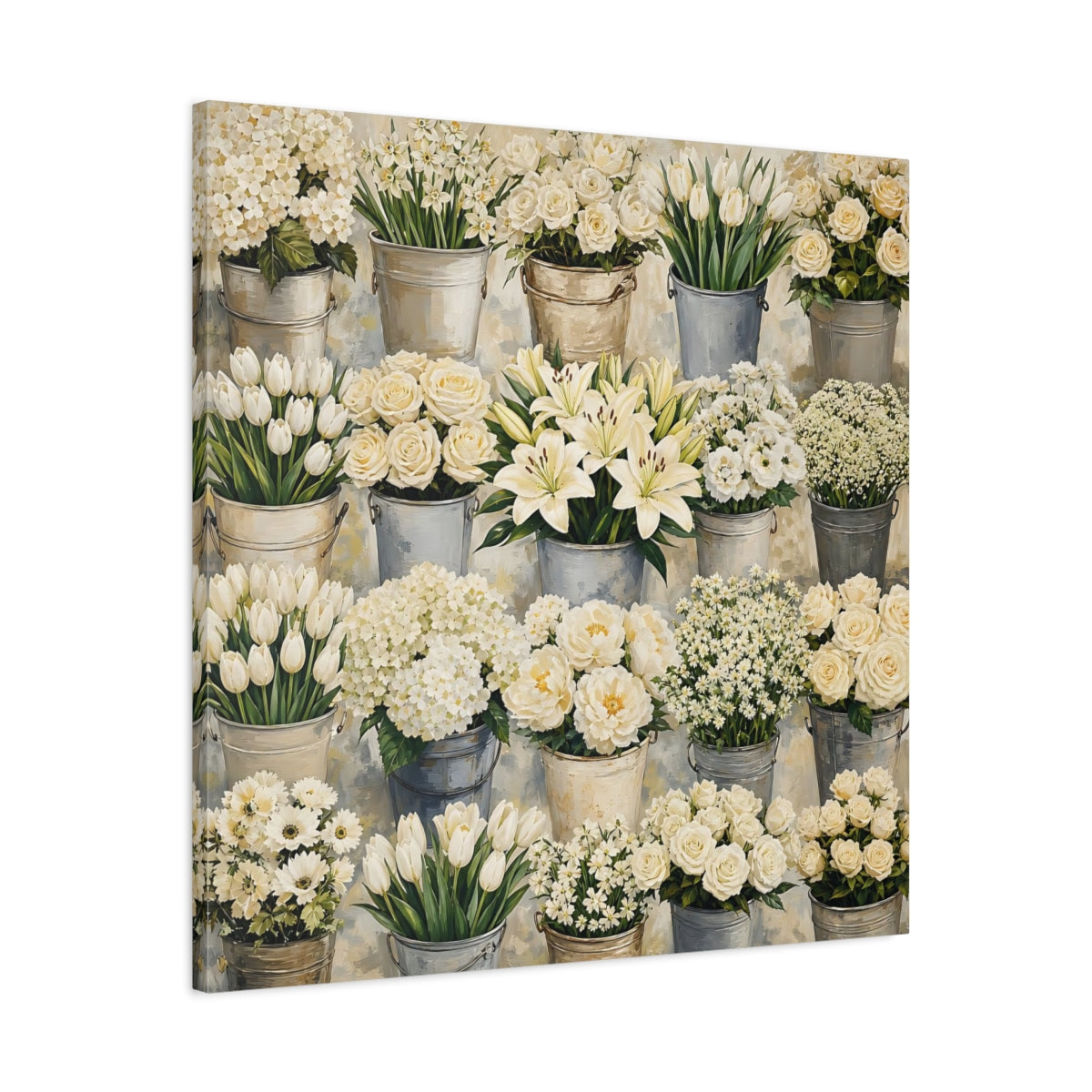 Side Mockup 3. Floral White Flowers White Flowers shown as stretched canvas wall art