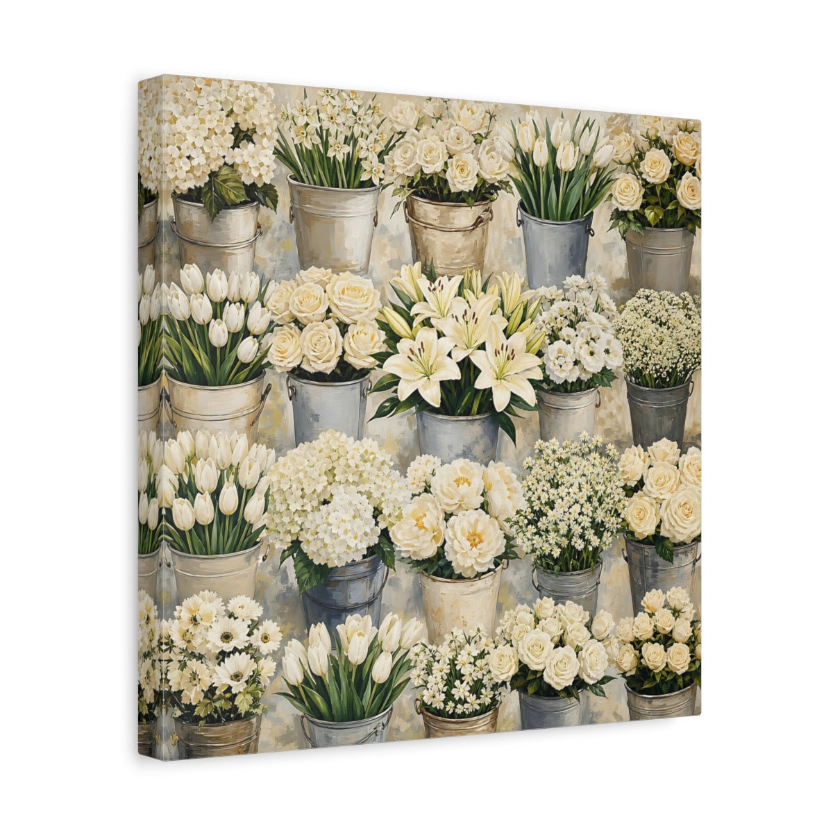 Side Mockup 7. Floral White Flowers White Flowers shown as stretched canvas wall art
