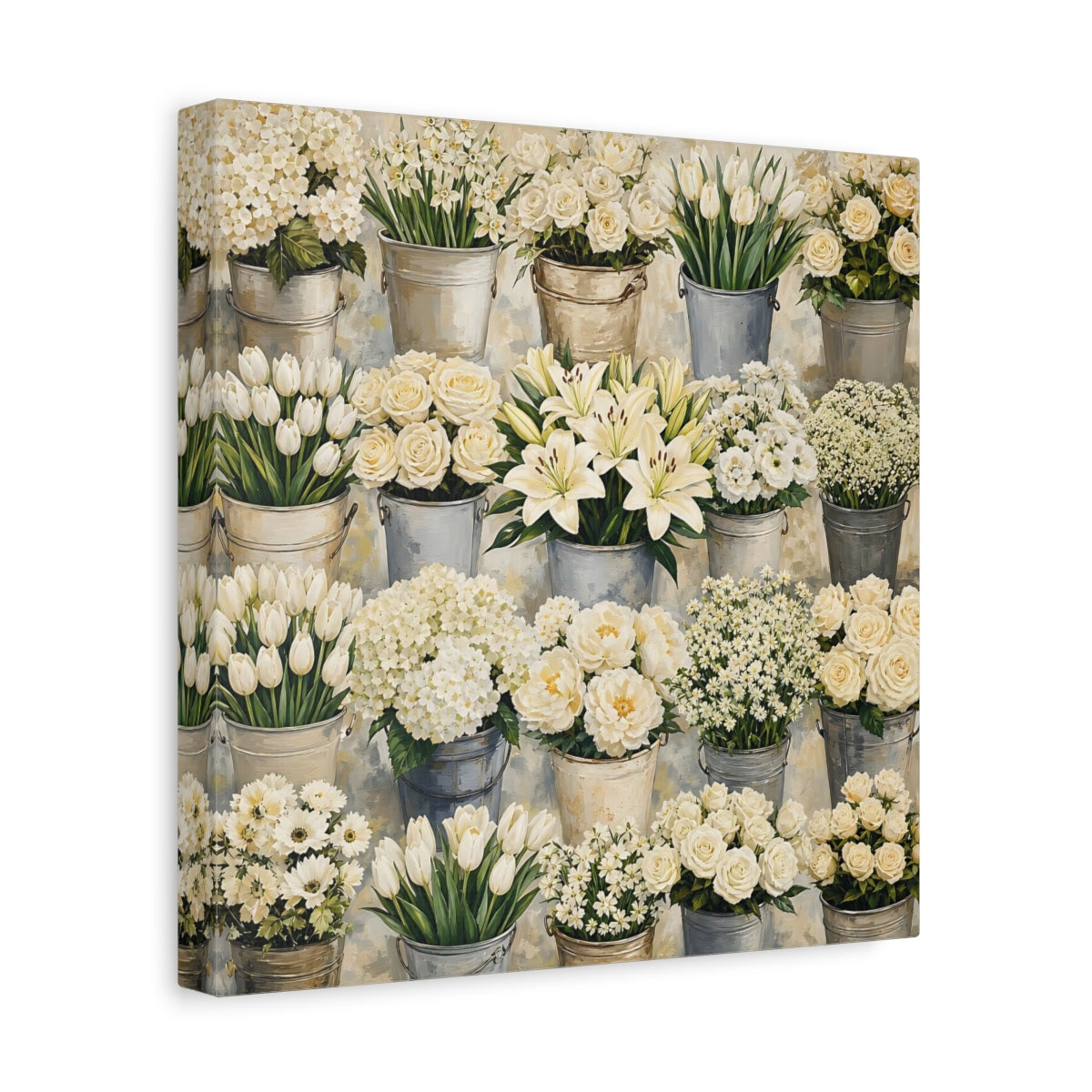 Side Mockup 8. Floral White Flowers White Flowers shown as stretched canvas wall art