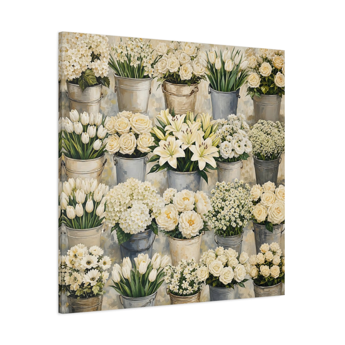 Side Mockup 1. Floral White Flowers White Flowers shown as stretched canvas wall art