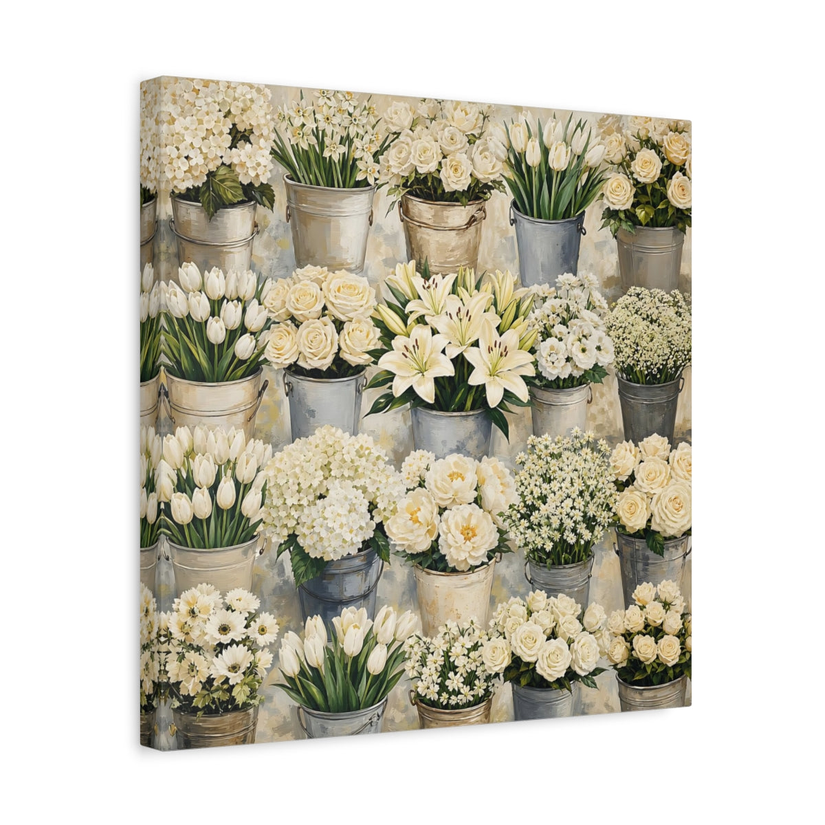 Side Mockup 6. Floral White Flowers White Flowers shown as stretched canvas wall art
