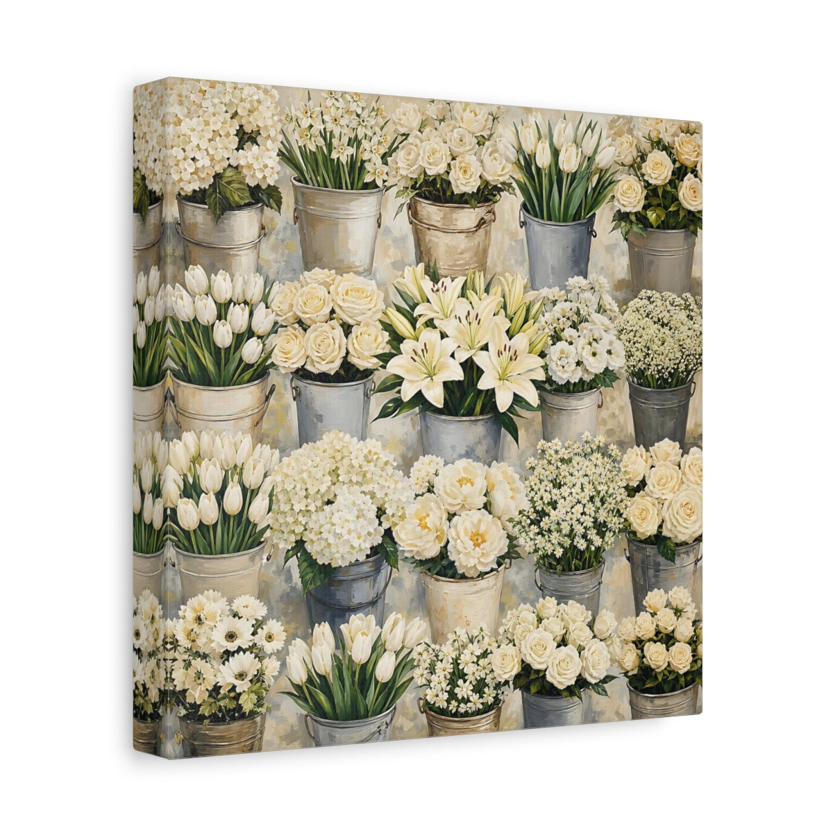 Side Mockup 9. Floral White Flowers White Flowers shown as stretched canvas wall art