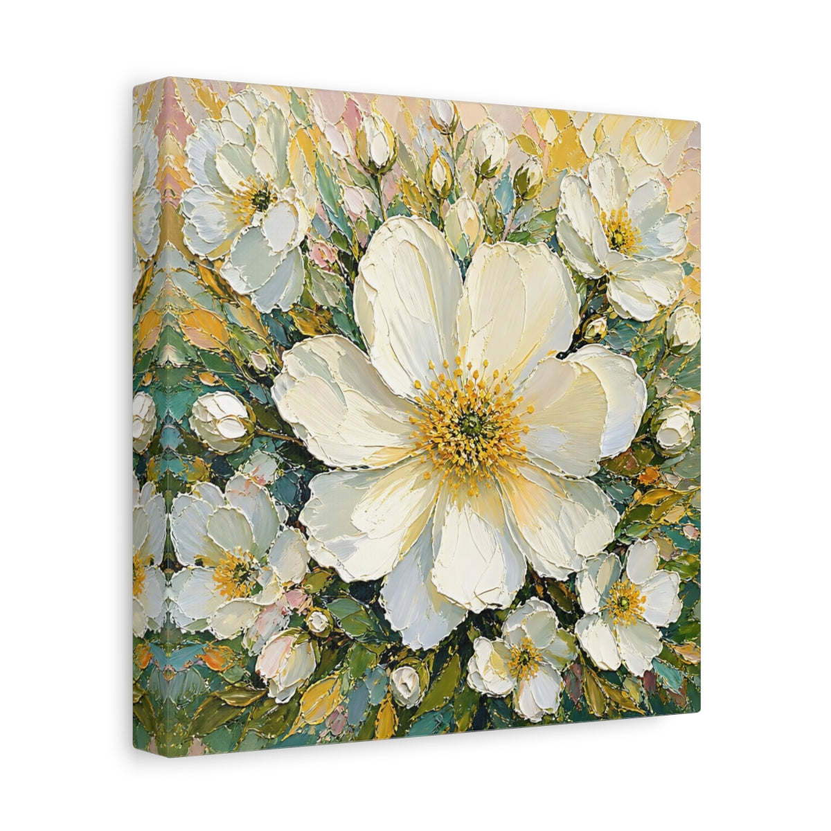 Side Mockup 9. Floral White Flowers White Floral shown as stretched canvas wall art