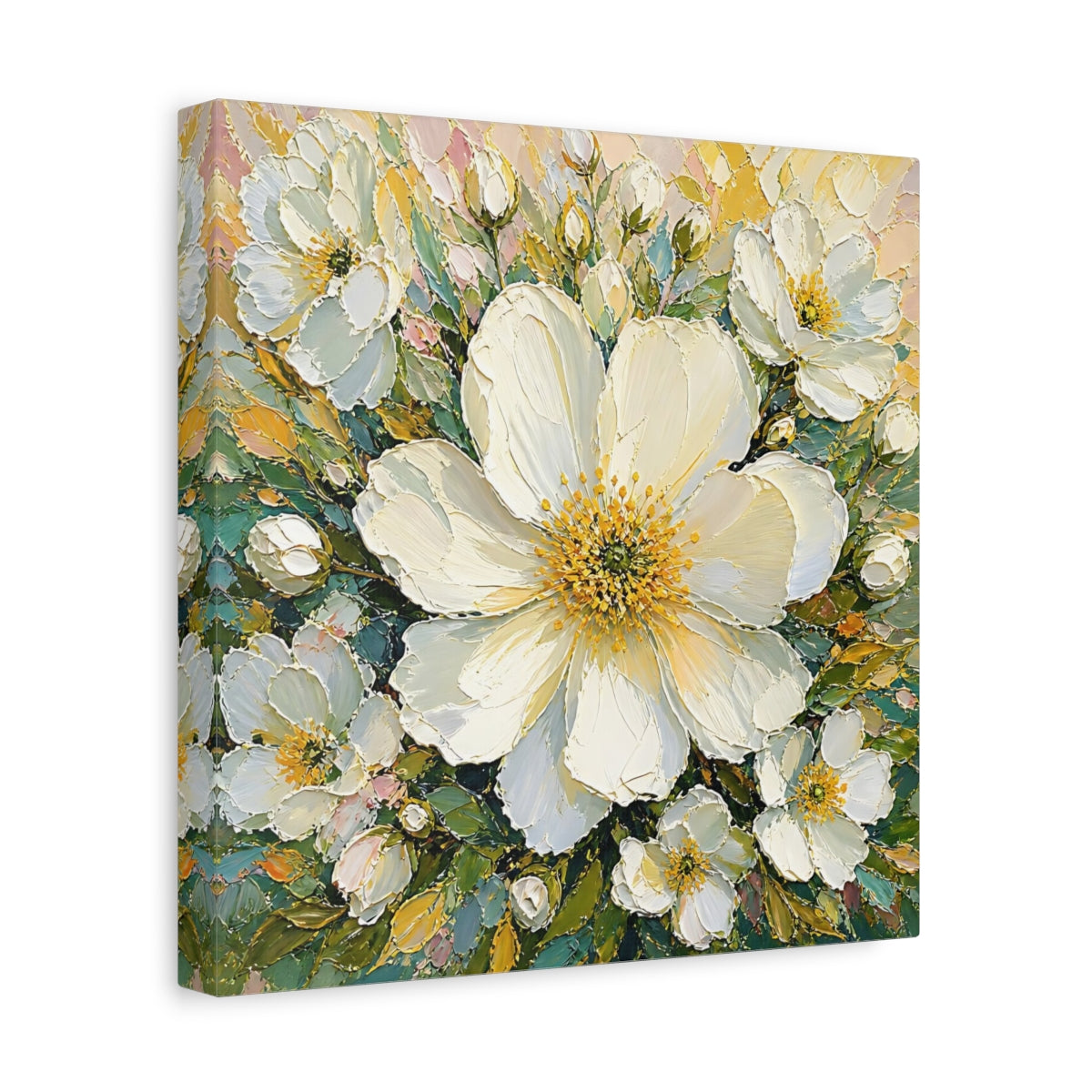 Side Mockup 8. Floral White Flowers White Floral shown as stretched canvas wall art