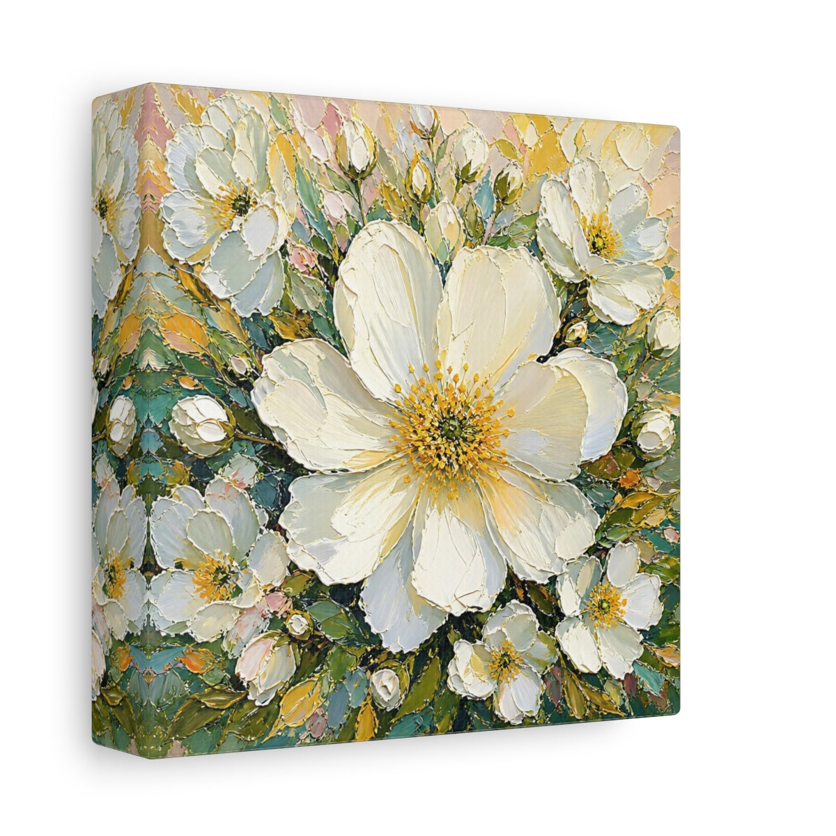 Side Mockup 2. Floral White Flowers White Floral shown as stretched canvas wall art