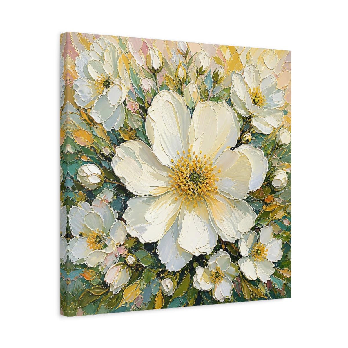 Side Mockup 5. Floral White Flowers White Floral shown as stretched canvas wall art