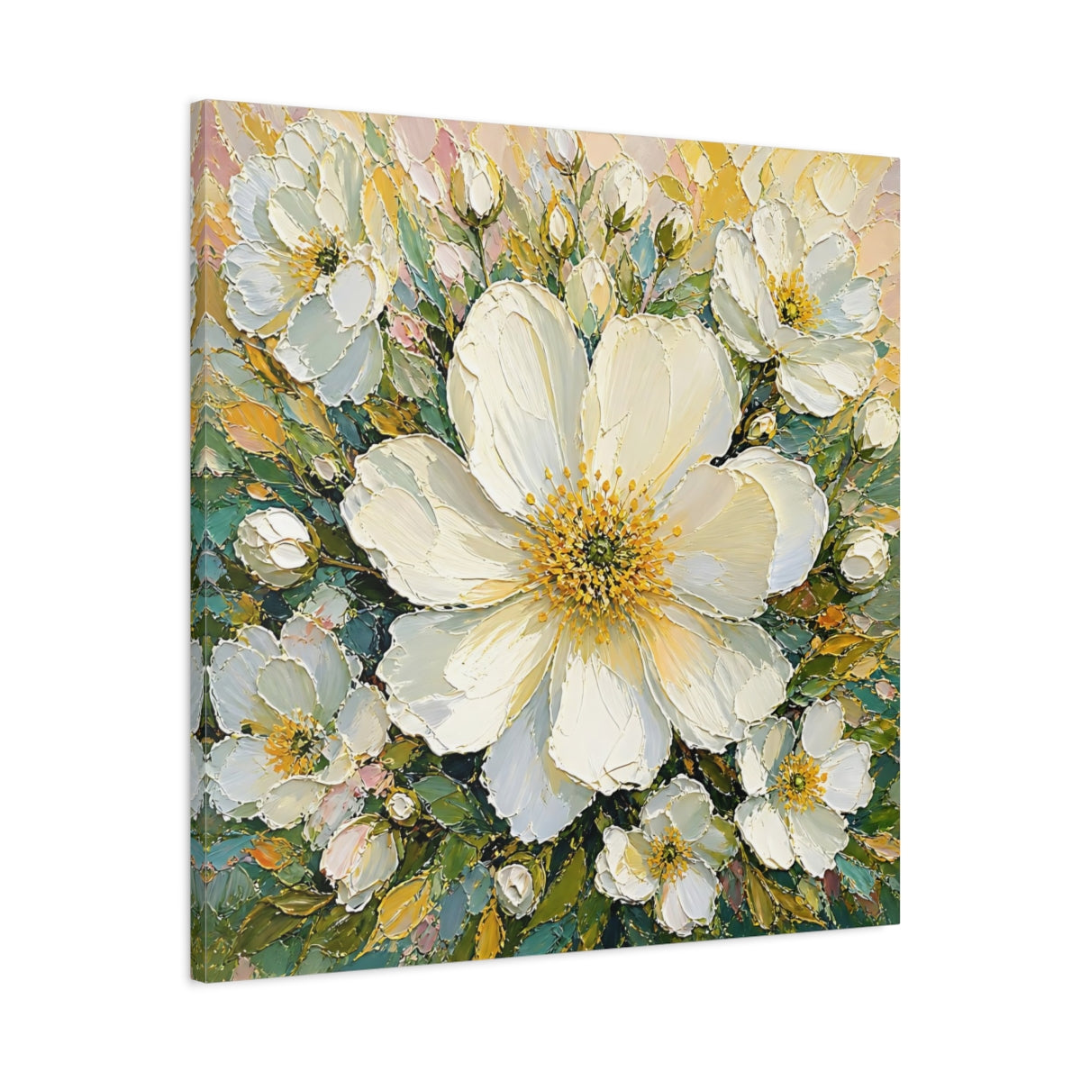 Side Mockup 3. Floral White Flowers White Floral shown as stretched canvas wall art
