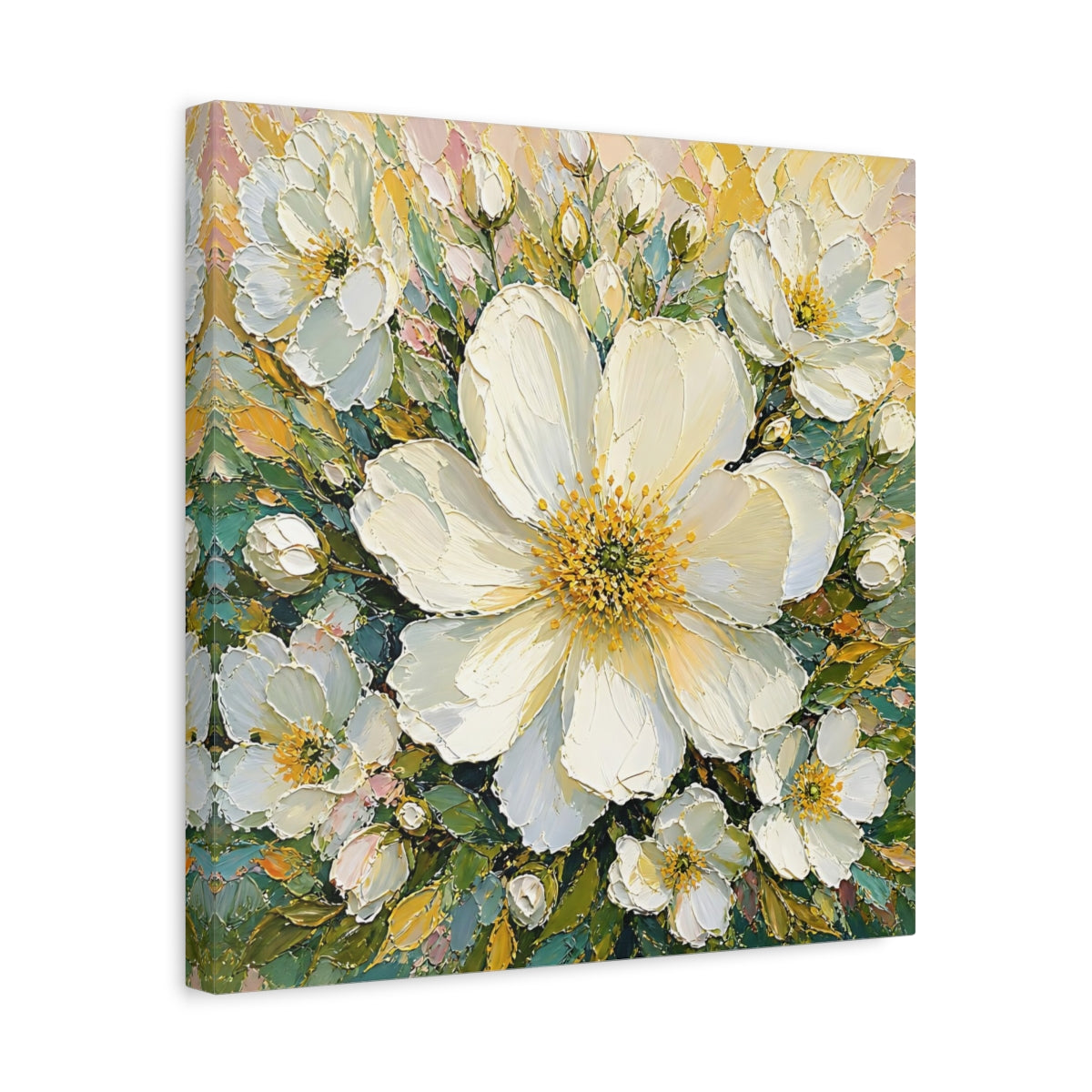 Side Mockup 6. Floral White Flowers White Floral shown as stretched canvas wall art