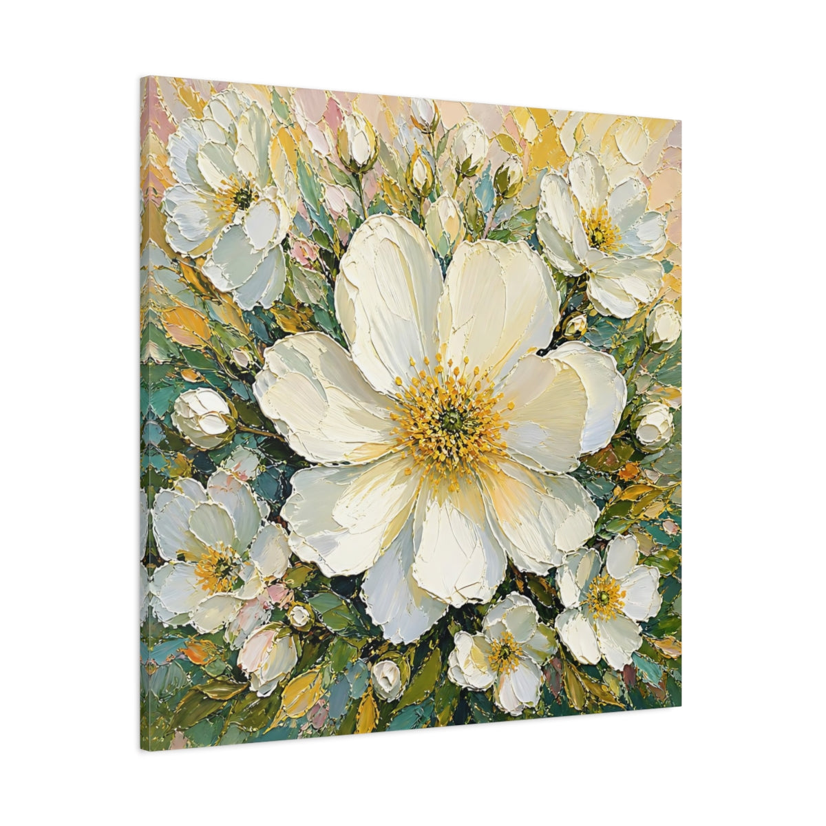 Side Mockup 1. Floral White Flowers White Floral shown as stretched canvas wall art