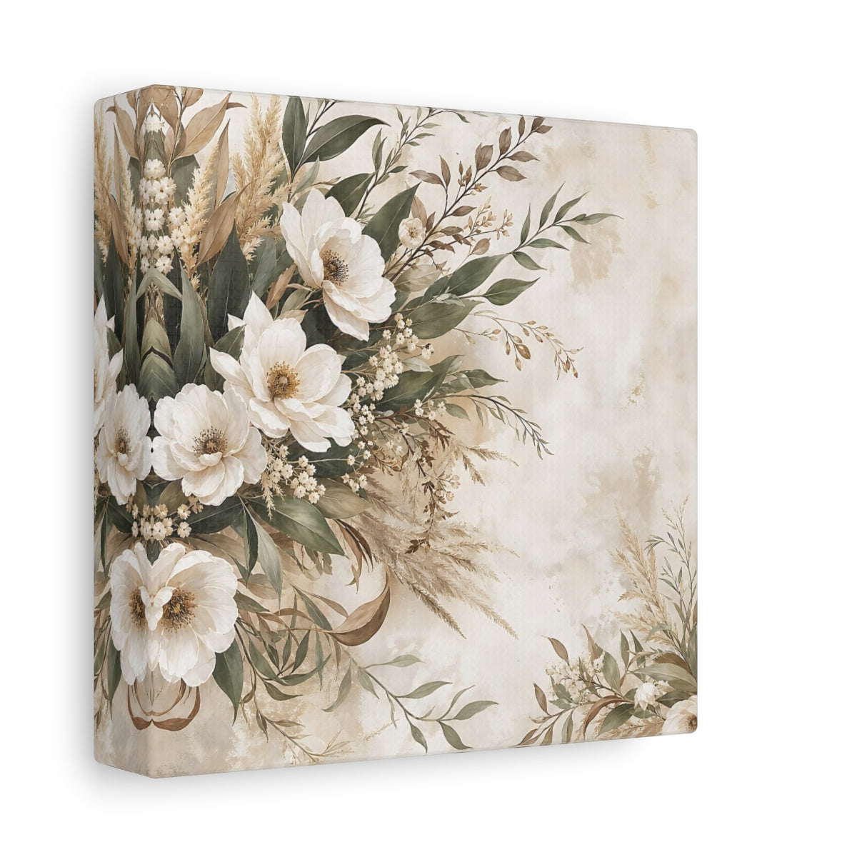 Side Mockup 2. Floral White Flowers Cream Floral shown as stretched canvas wall art