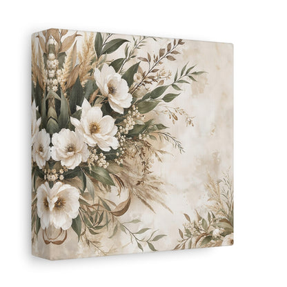 Side Mockup 2. Floral White Flowers Cream Floral shown as stretched canvas wall art