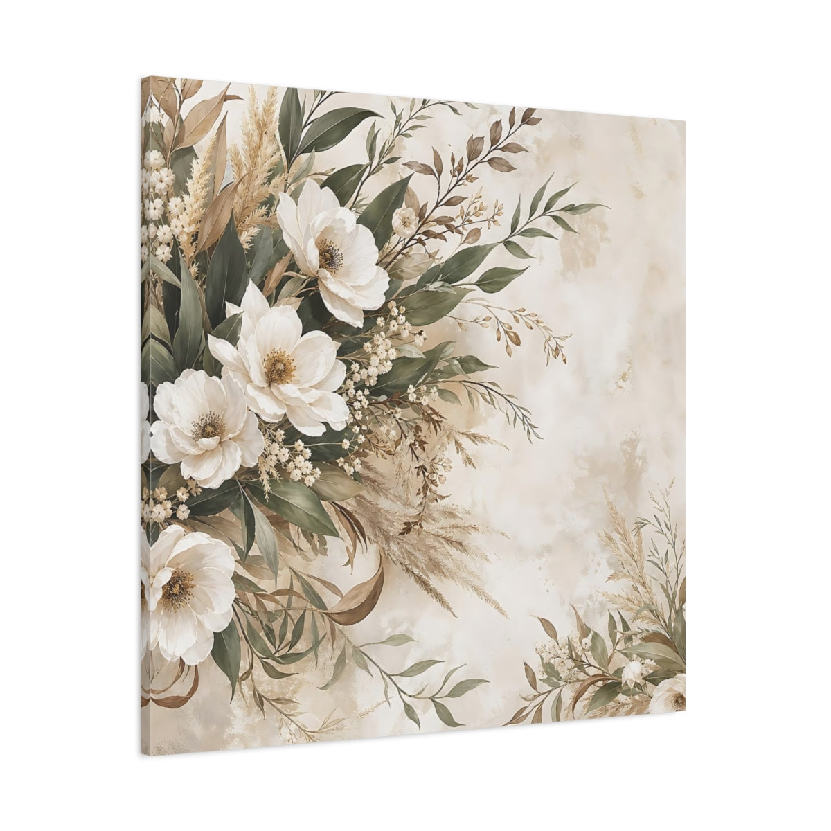 Side Mockup 1. Floral White Flowers Cream Floral shown as stretched canvas wall art