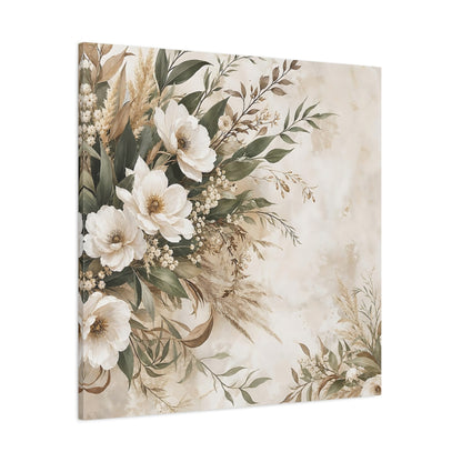 Side Mockup 1. Floral White Flowers Cream Floral shown as stretched canvas wall art