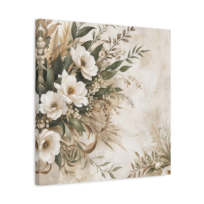 Side Mockup 5. Floral White Flowers Cream Floral shown as stretched canvas wall art