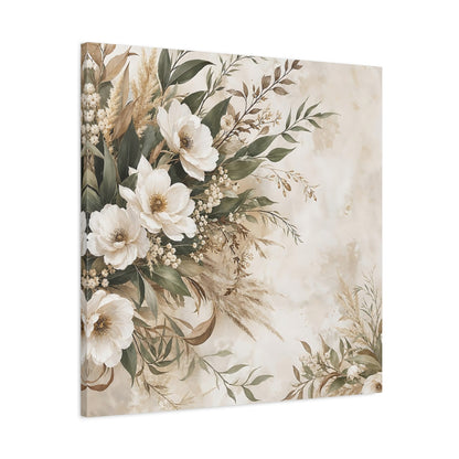 Side Mockup 3. Floral White Flowers Cream Floral shown as stretched canvas wall art
