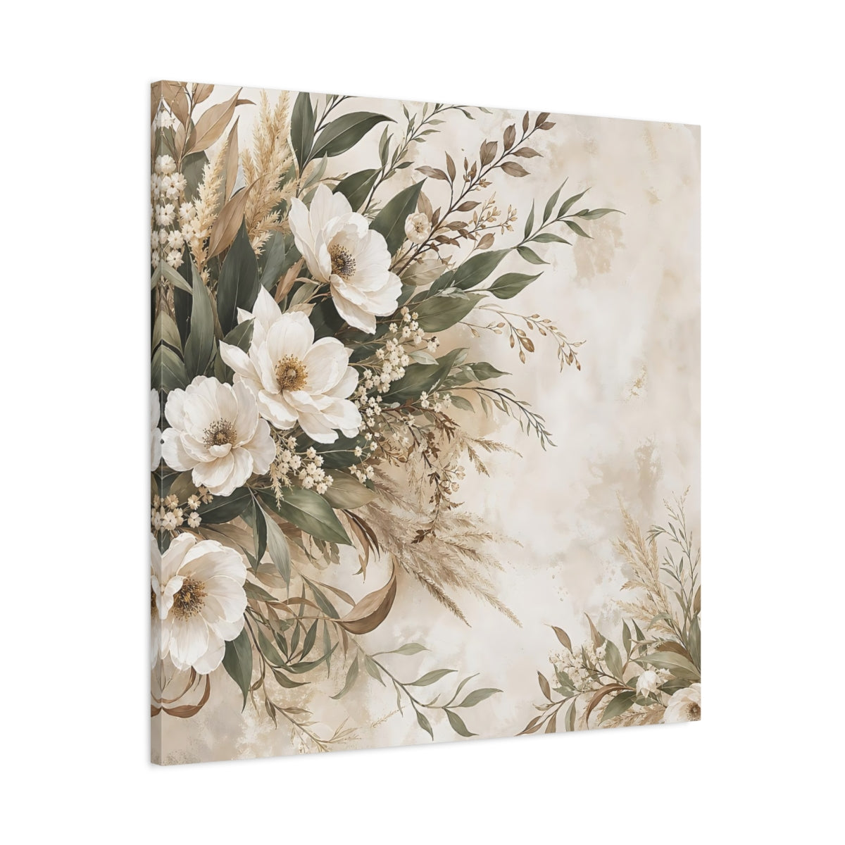 Main Mockup. Floral White Flowers Cream Floral shown as stretched canvas wall art