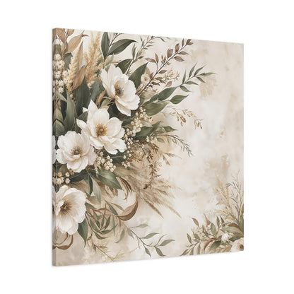 Main Mockup. Floral White Flowers Cream Floral shown as stretched canvas wall art