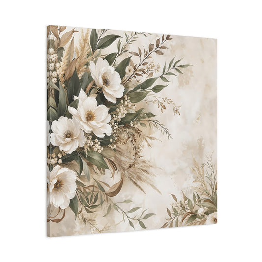 Main Mockup. Floral White Flowers Cream Floral shown as stretched canvas wall art