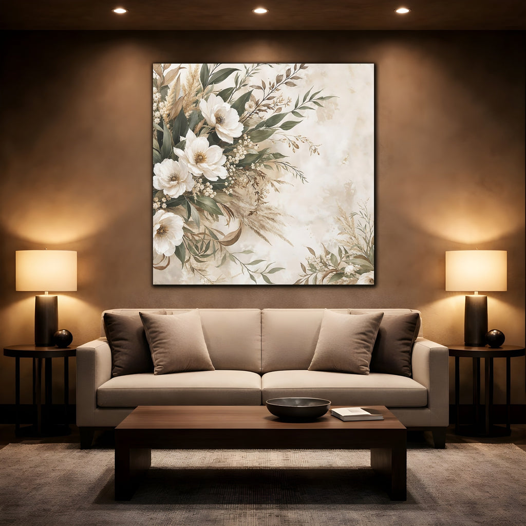 Mockup 2. Floral White Flowers Cream Floral shown as stretched canvas wall art
