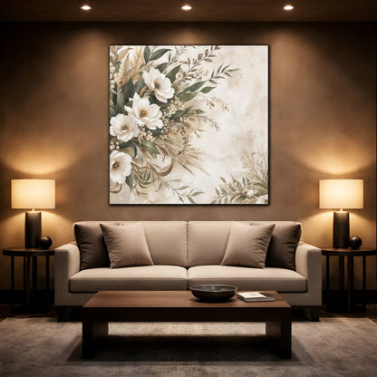 Mockup 2. Floral White Flowers Cream Floral shown as stretched canvas wall art