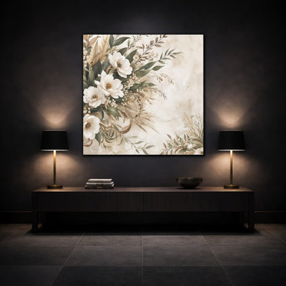 Mockup 3. Floral White Flowers Cream Floral shown as stretched canvas wall art