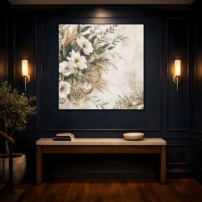Mockup 4. Floral White Flowers Cream Floral shown as stretched canvas wall art