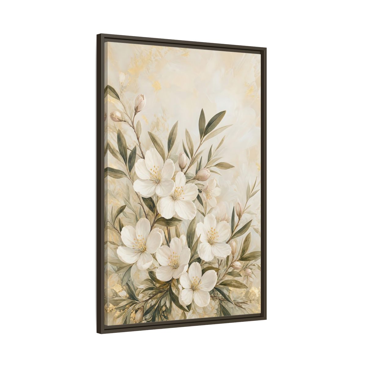 Main Mockup. Floral White Flowers Cream Gold Floral shown as stretched canvas wall art