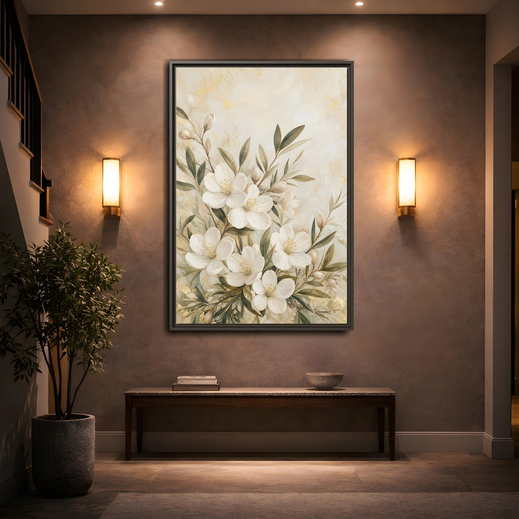 Mockup 2. Floral White Flowers Cream Gold Floral shown as stretched canvas wall art