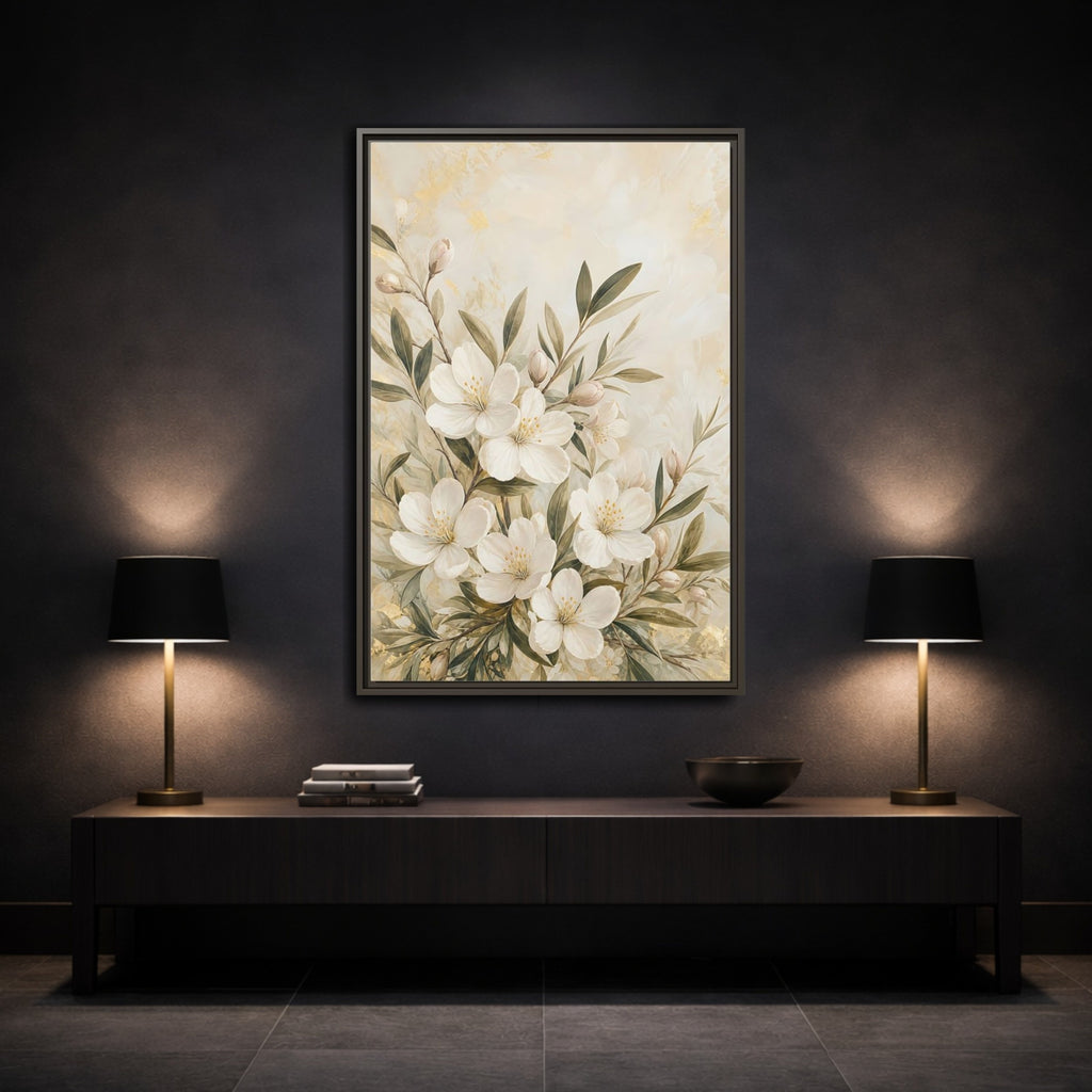 Mockup 3. Floral White Flowers Cream Gold Floral shown as stretched canvas wall art