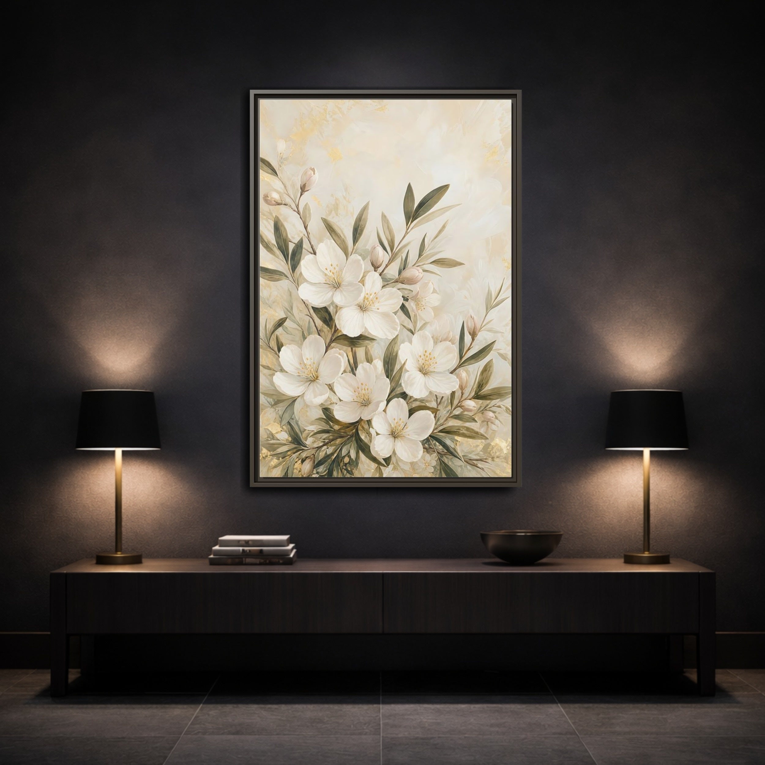 Mockup 3. Floral White Flowers Cream Gold Floral shown as stretched canvas wall art