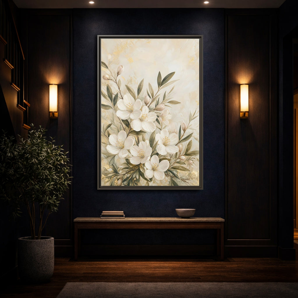 Mockup 4. Floral White Flowers Cream Gold Floral shown as stretched canvas wall art