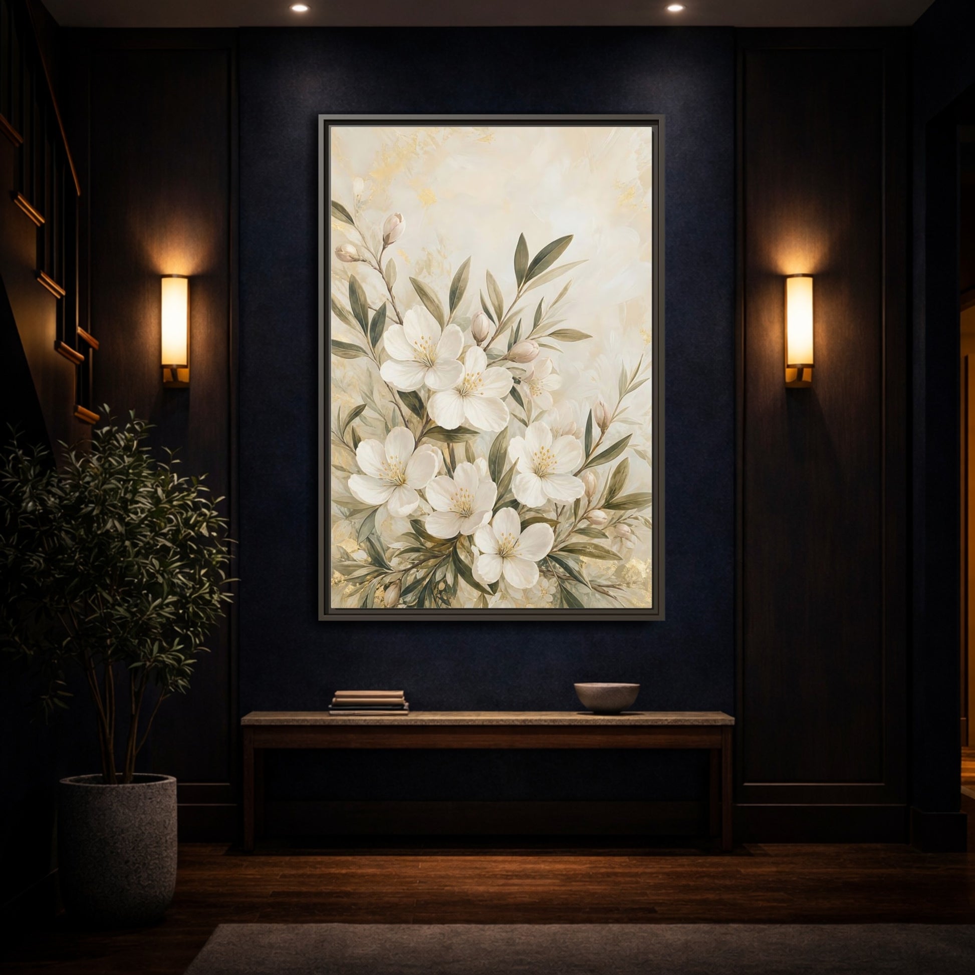 Mockup 4. Floral White Flowers Cream Gold Floral shown as stretched canvas wall art